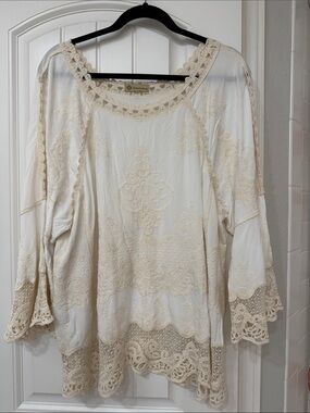 Democracy Cream Embroidered Boho Lace-Trim Tunic